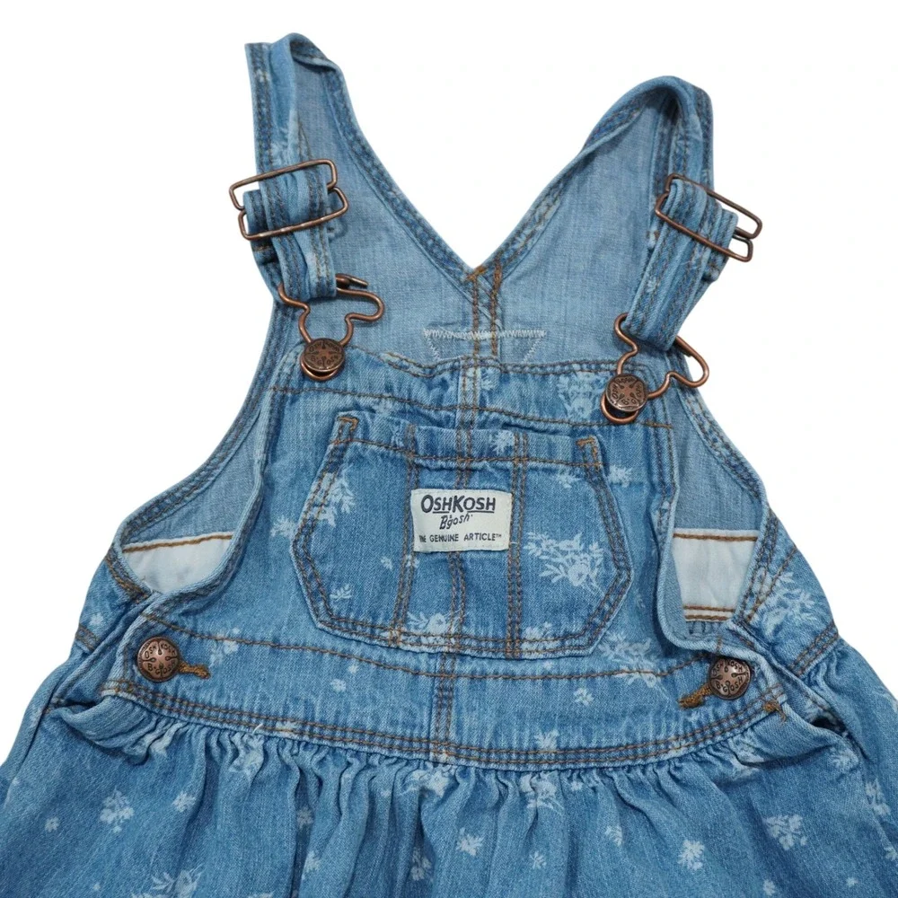 OshKosh Bgosh Baby Girls 12M Blue Floral Denim Overall Jumper Dress 100% Cotton